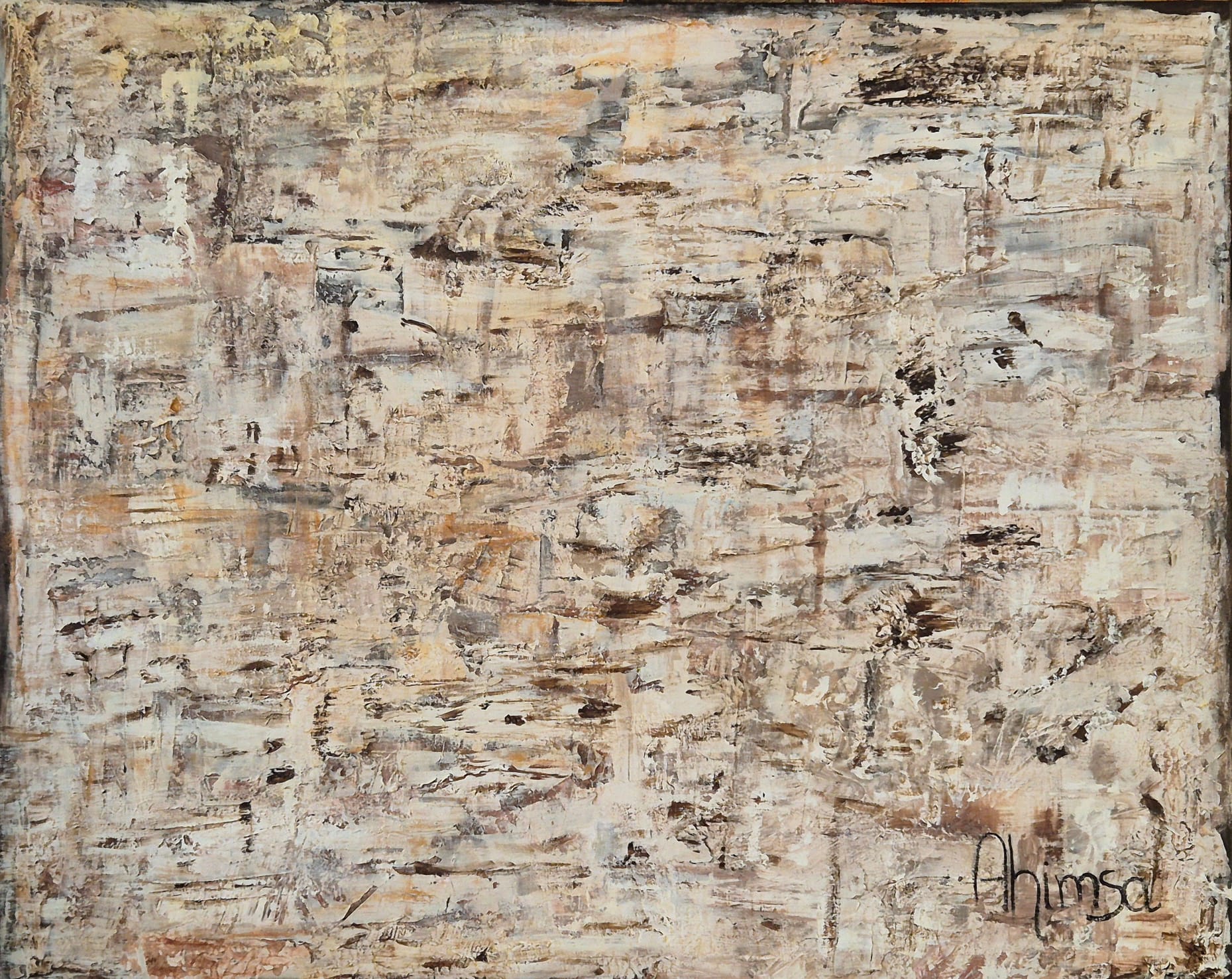Tela abstrata em tons de bege, branco, cinzento e castanho