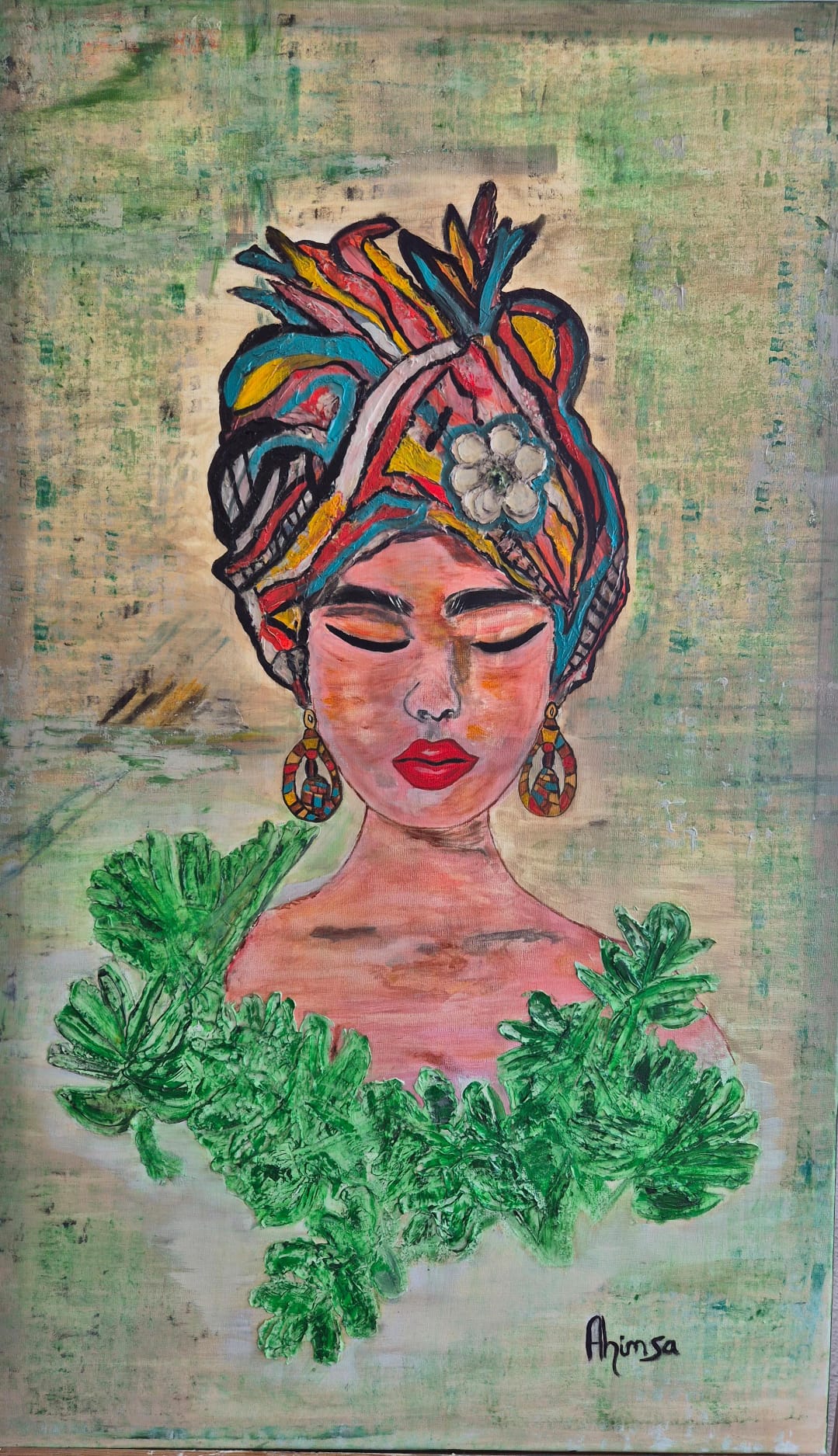 Retrato pintado de uma menina com turbante colorido e folhagem verde